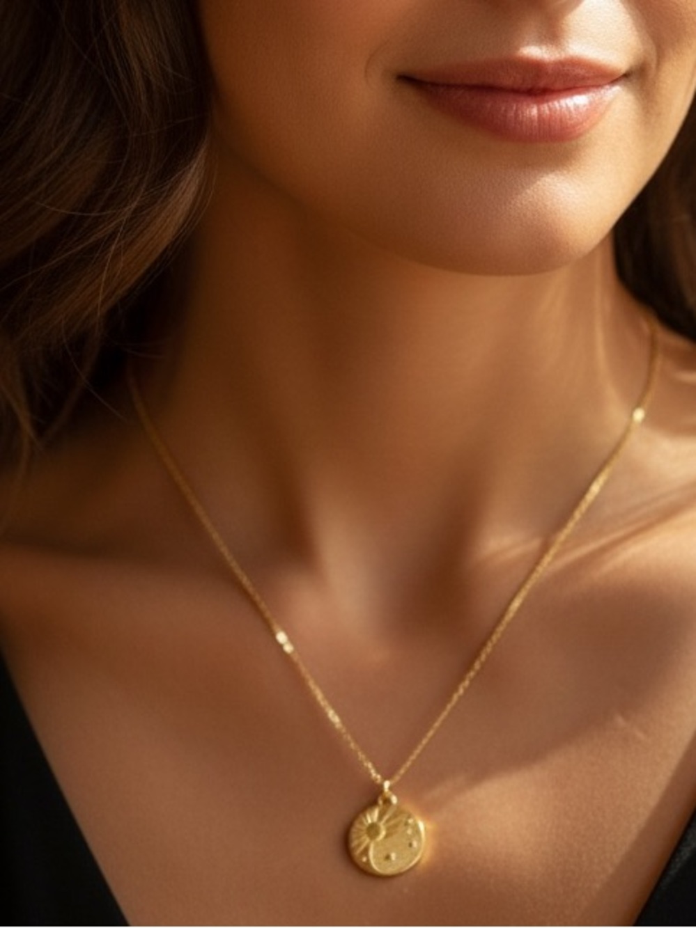 Celestial 18k Gold Plated Sun and Stars Pendant Necklace. New.